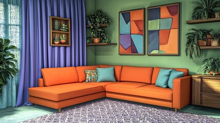 A contemporary setting with a bright orange corner sofa