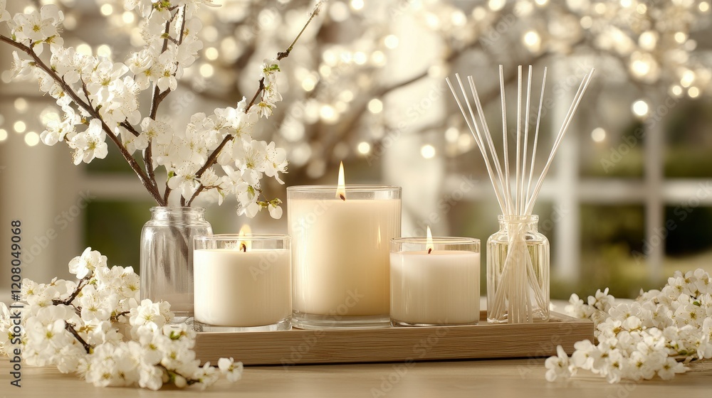 Poster elegant display of candles and floral arrangements creating a serene atmosphere in a well-lit indoor