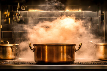 Steaming copper pot, kitchen, restaurant, cooking