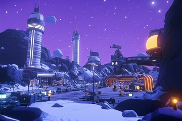 A futuristic spaceport with ships and towering structures glowing in twilight