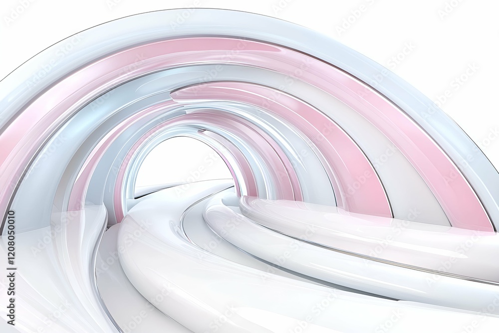 Poster abstract curved tunnel design with glossy pink and white layers, creating a smooth, futuristic, and 