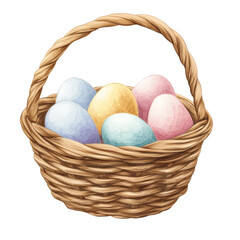 Naklejka premium A watercolor illustration depicts a brown woven basket filled with pastel-colored Easter eggs.