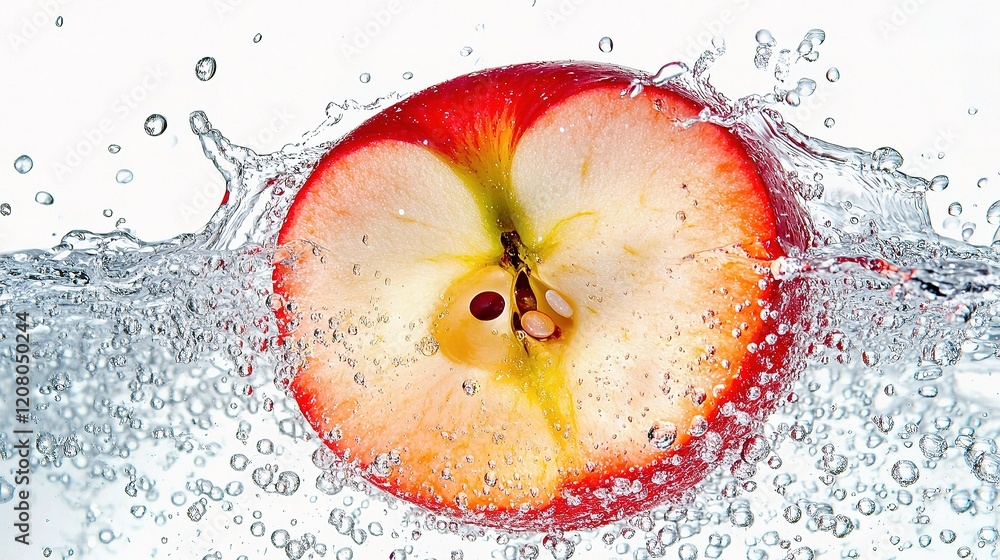Poster fresh apple slice submerged in water with droplets and splashes