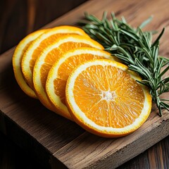 Fresh orange slices garnished with rosemary on a rustic wooden board. -