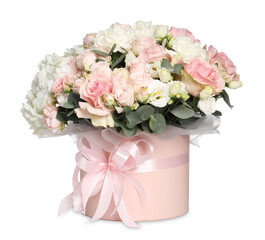 Bouquet of beautiful flowers in box isolated on white