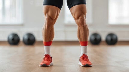 Obraz premium A close-up view of muscular legs in athletic wear, showcasing defined calves and vibrant sneakers, set against a gym backdrop with weights.
