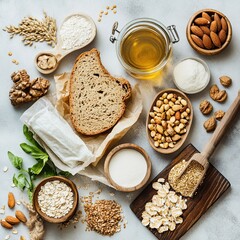 Flat-lay showcasing gluten-free diet essentials. --