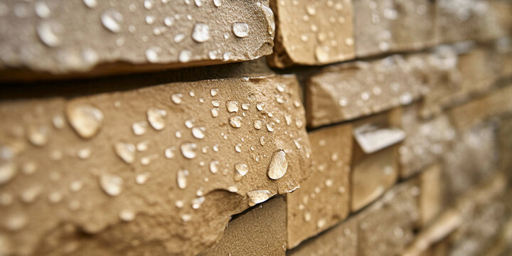 Water droplets glisten on textured stone wall surface - Powered by Adobe