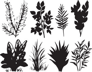 A set of plant silhouettes for flat design. Hand drawn vector illustration