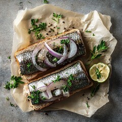 Flat-lay composition of herring sandwiches with onions and herbs, styled on parchment paper. --