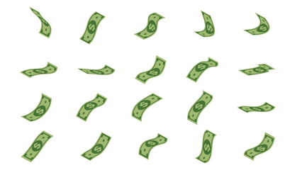 Flying banknotes, dollar cash money bills, falling and swirling green banknotes of usd currency, isolated on white background, illustration Vector EPS 10