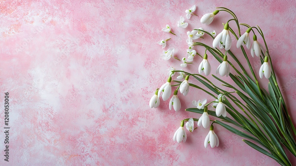 Poster fresh snowdrops on pink background with gentle texture and lines