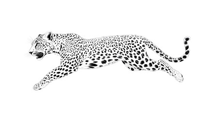 Leopard running at full speed black and white illustration isolated on white background
