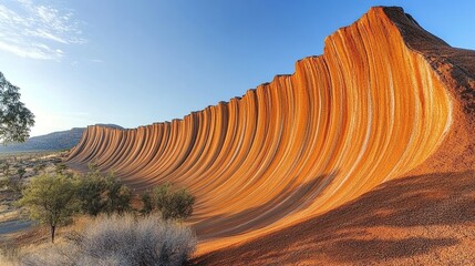 Sandstone wave rock formation at sunrise, Australian outback desert landscape