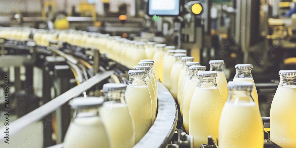 Aufkleber milk bottles move along production line in factory setting