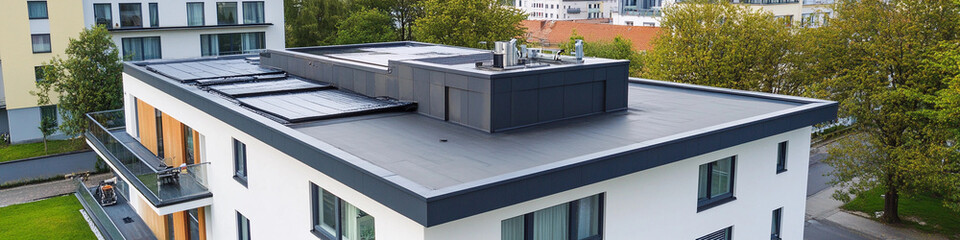 Modern building with solar panels in a residential area