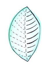 Hand-drawn green leaf with intricate lines and shading on white background.