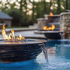Fire pots and waterfall features in a custom pool --