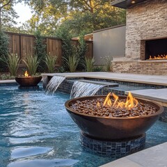 Fire pots and waterfall features in a custom pool -