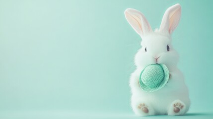Obraz premium A fluffy white bunny holding a tiny green hat, sitting on a soft mint background with room for text