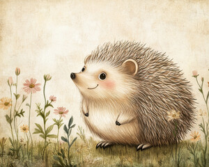 Cute hedgehog illustration in floral setting, showcasing whimsical and cheerful character surrounded by flowers. This charming artwork captures playful essence