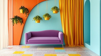 A creative living room setup featuring a magenta loveseat