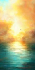A serene seascape at sunset, featuring vibrant colors reflecting on water, with a hint of clouds and a distant bird in the sky.