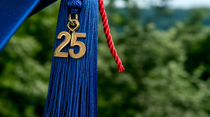 In a blurred natural setting, a close-up of a blue graduation tassel with a golden 2025 charm represents impending academic success.