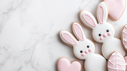 Decorated easter cookies featuring bunny shapes and pastel colors arranged on a marble surface with heart and egg designs
