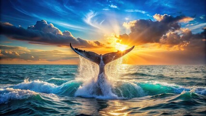 Majestic Whale Tail Silhouette at Sunset Over Ocean Waves