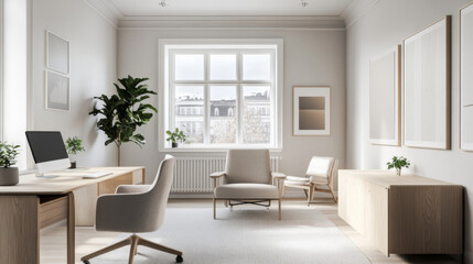 Fototapeta premium Minimalist Scandinavian Office, A serene workspace featuring light wood furniture, white walls, cozy textiles, and understated decor elements