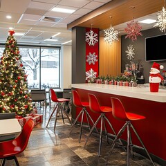 Festive office holiday celebrations with coworkers, Christmas decor, and snowy themes. --v 