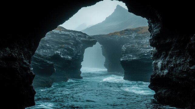 Sea cave view of misty ocean inlet and cliffs - Powered by Adobe
