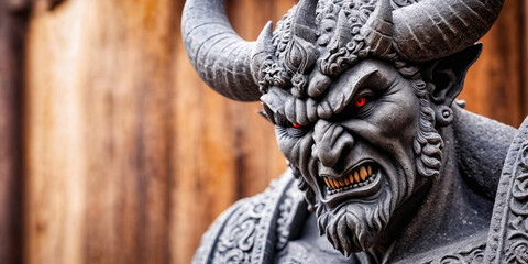 Demonic Stone Statue with Glowing Red Eyes.