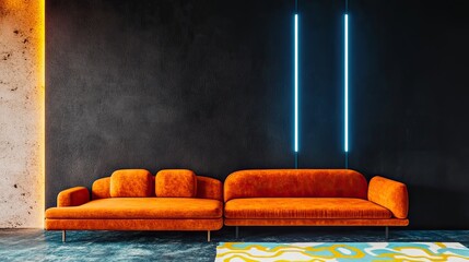 A daring composition of fiery orange couches offset against a charcoal black wall