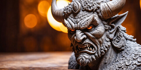Oni Mask, Demon Sculpture, Close-up.