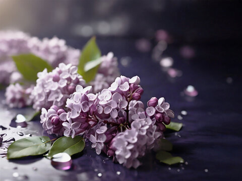 Lilac flowers branch on a dark dew bokeh lights horizontal background with empty place for text