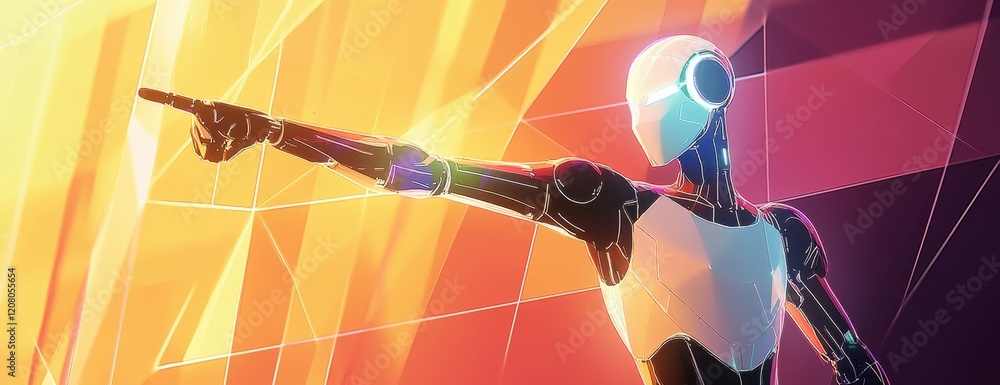 Poster a humanoid robot with glowing skin stands in front of an abstract background composed of geometric s