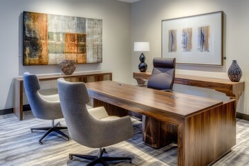 A spacious office with stylish chairs, a wooden desk, and contemporary art pieces