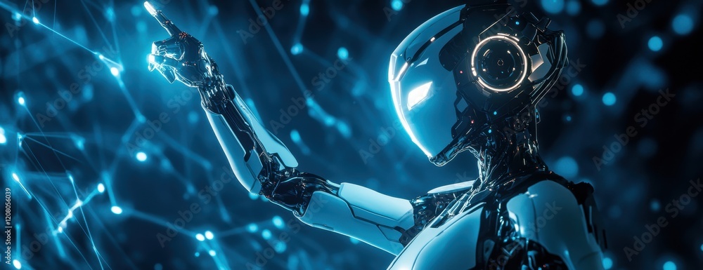 Poster a female humanoid robot with glowing hands pointing upward, standing in front of an abstract backgro