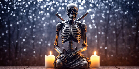 Meditative Skeleton with Candles and Swords