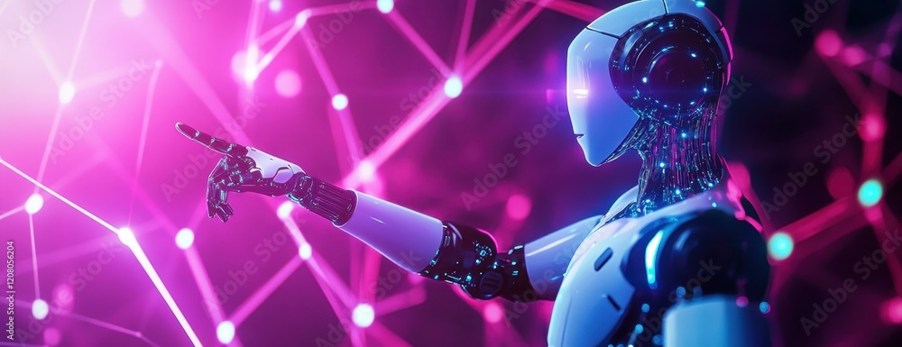 Poster a humanoid robot with glowing hands pointing at the screen, standing in front of an abstract backgro