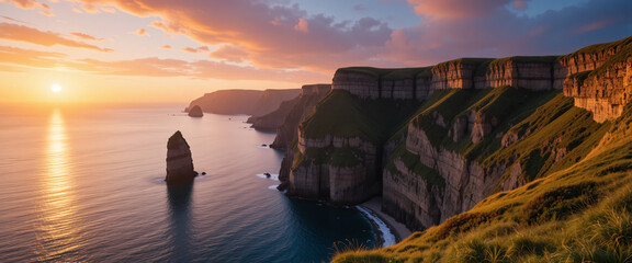"A scenic view of Étretat’s cliffs with a winding walking trail leading to the edge, surrounded by lush grass and summer wildflowers. The towering chalk cliffs meet the deep blue