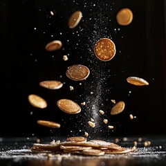 Dutch mini pancakes in a dynamic composition with flying ingredients. --