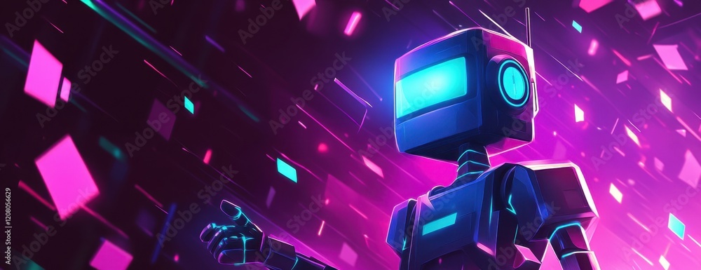 Poster a humanoid robot with glowing blue eyes is pointing to the right side of its head, standing in front