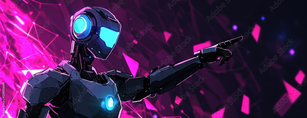 Poster a humanoid robot with glowing blue eyes is pointing to the right side of its head, standing in front