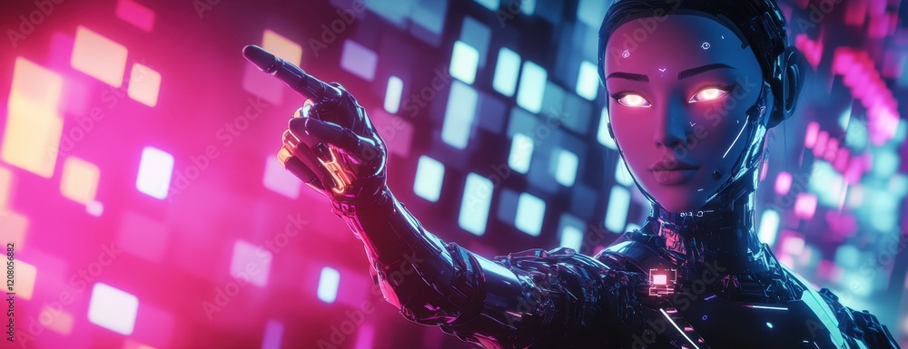 Poster a female humanoid robot with glowing hands pointing upward, standing in front of an abstract backgro