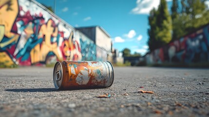 Naklejka premium Urban Graffiti Background with Abandoned Can on the Ground