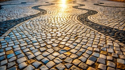 Fototapeta premium Golden Hour Cobblestone Pathway Intricate Stone Mosaic Design