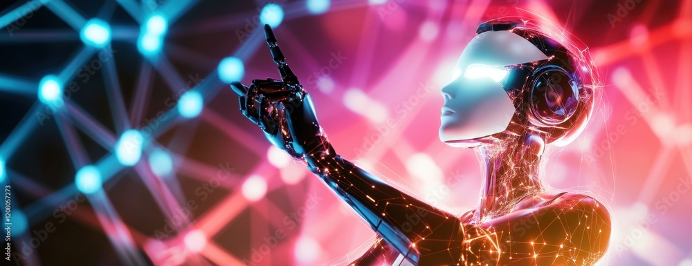 Poster a humanoid robot with glowing hands pointing upward, standing in front of an abstract background fil